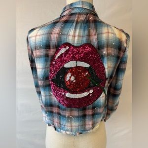 Vintage, distressed cropped plaid shirt. Size small.
